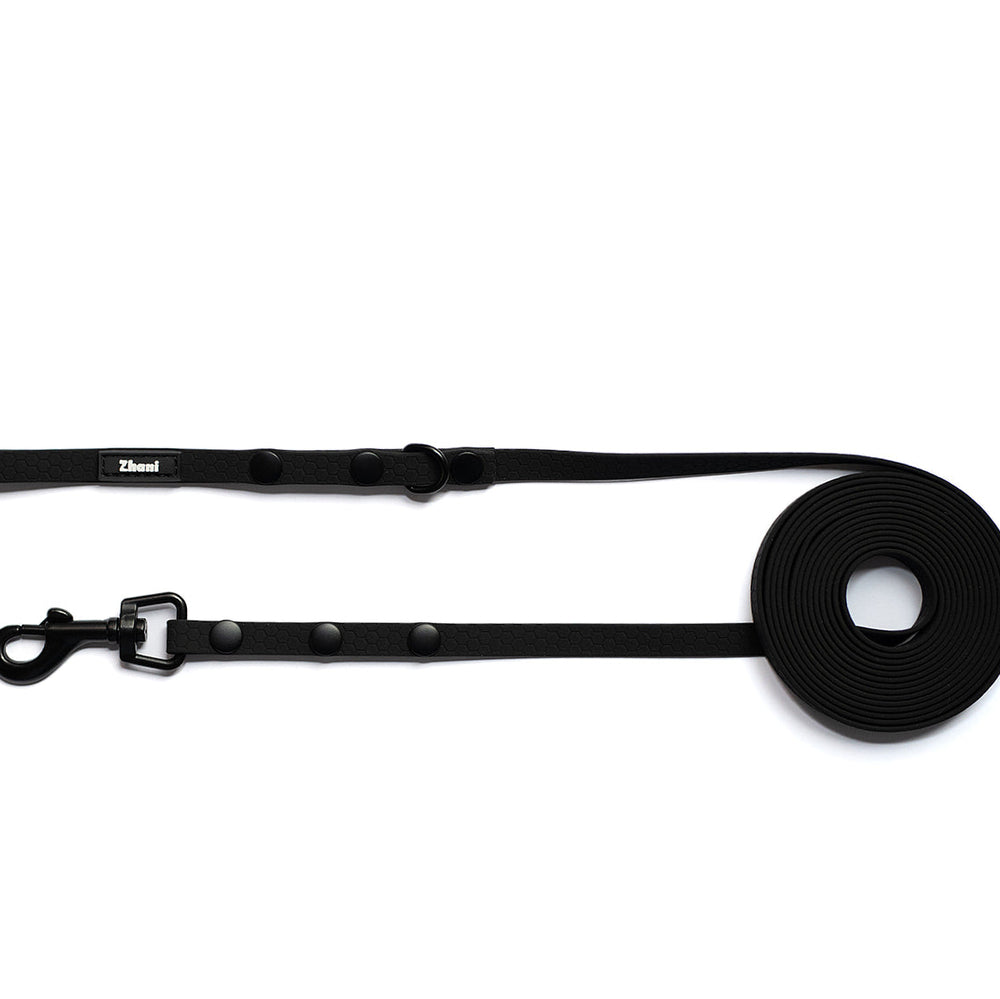Black dog leash with clip on a white background