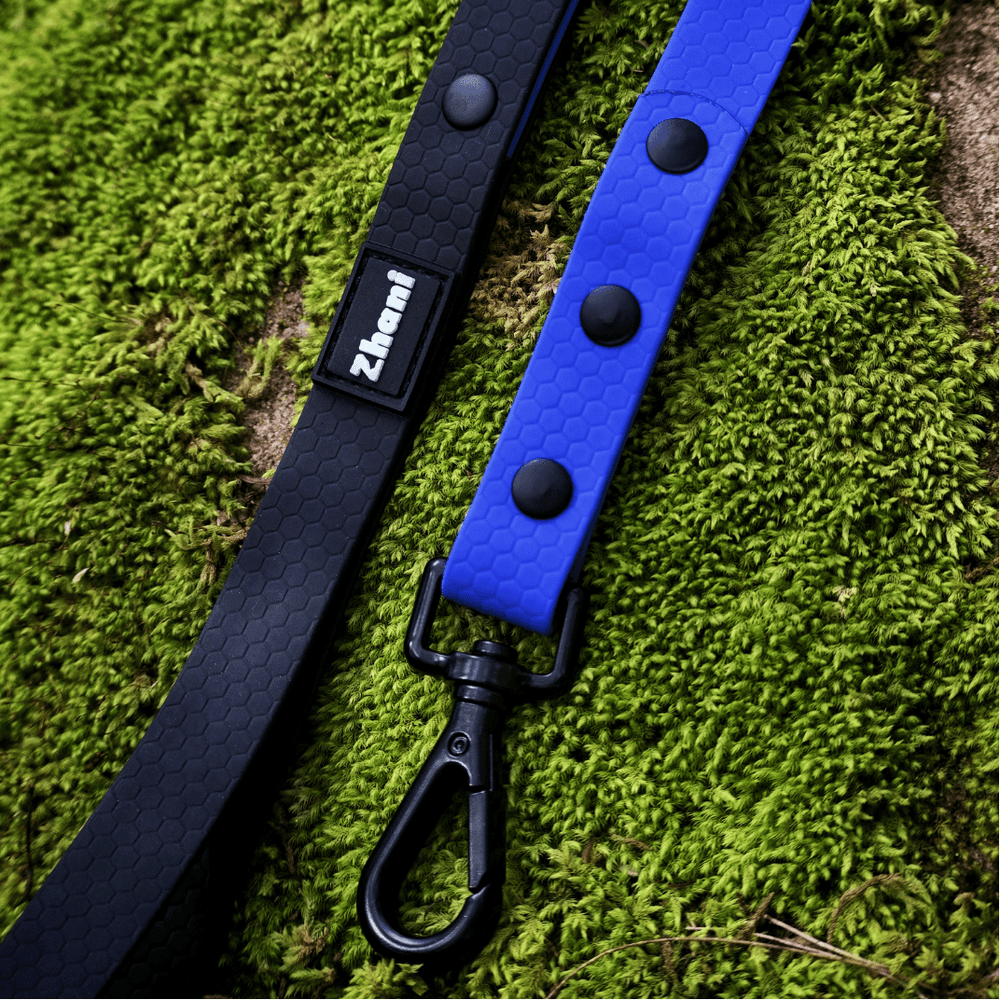 Dog lead laid diagonally on a bed of green moss. The leashes feature a textured honeycomb pattern, three black snap buttons, and a black metal carabiner clasp.