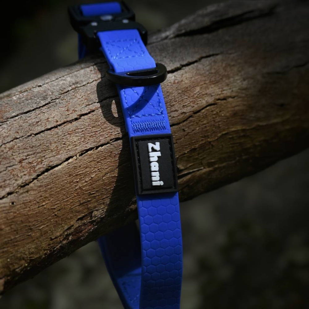 Royal Blue dog collar with Zhani brand logo on a wooden surface