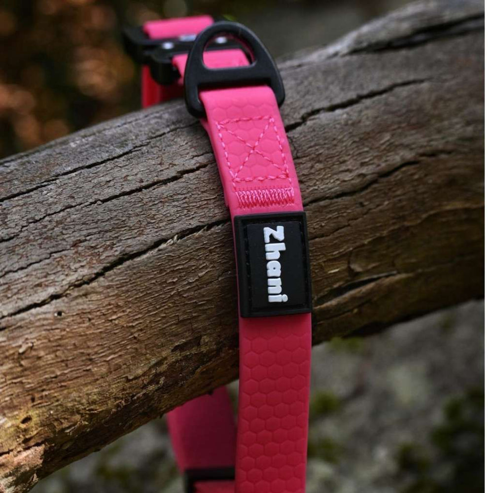 Zhani pink dog collar on tree log