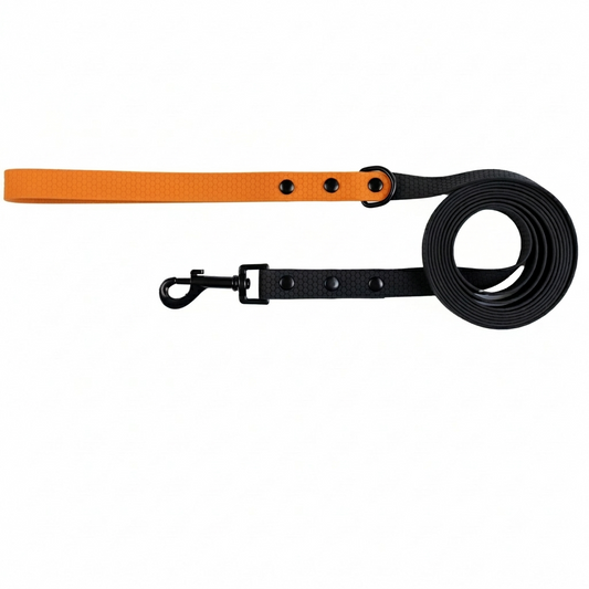 Dog leash with orange handle and black body on a white background