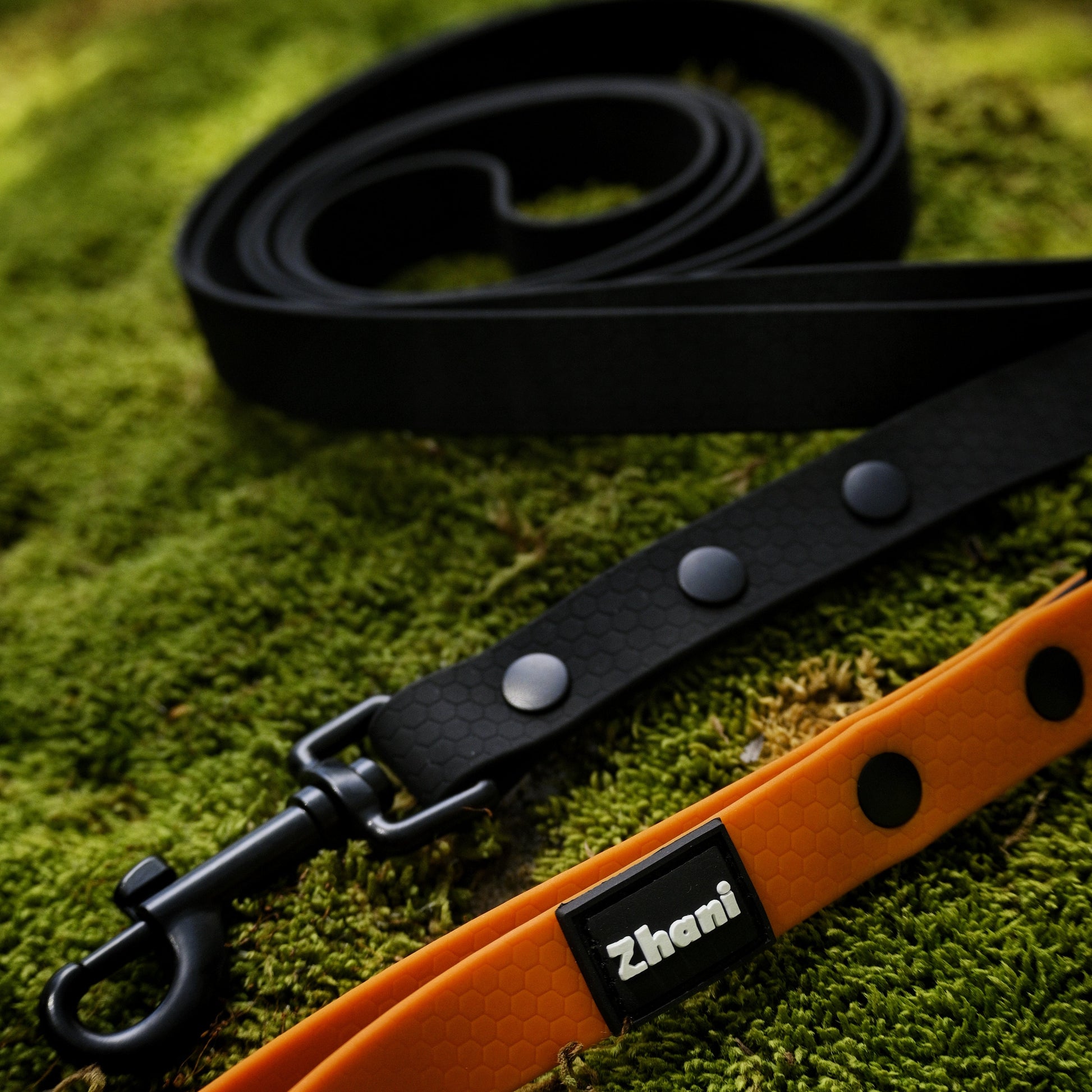 Black and orange dog leashes on a green mossy surface
