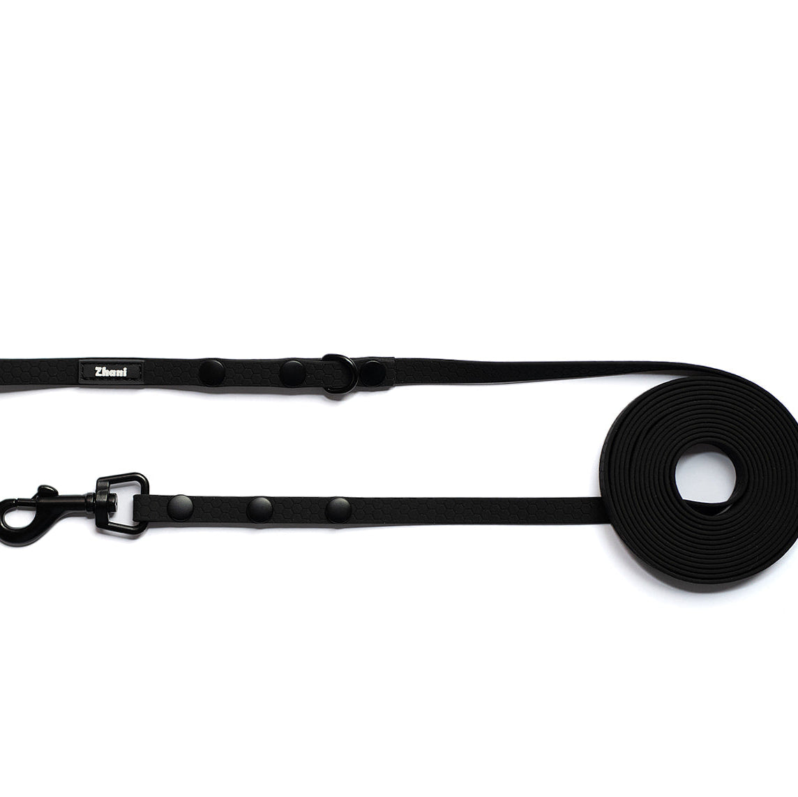 Black dog leash with clip on a white background