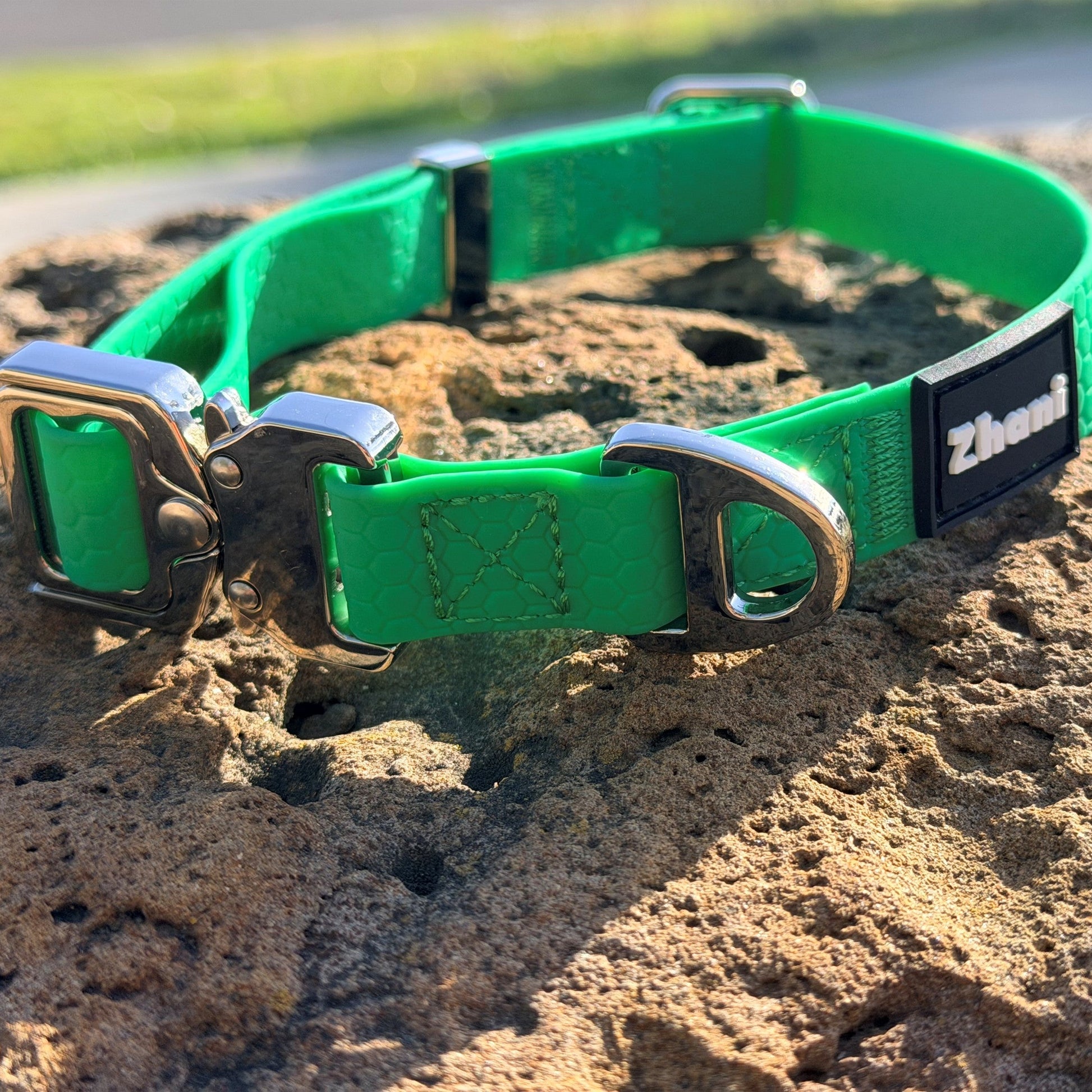 Green dog collar with metal buckle on a textured surface