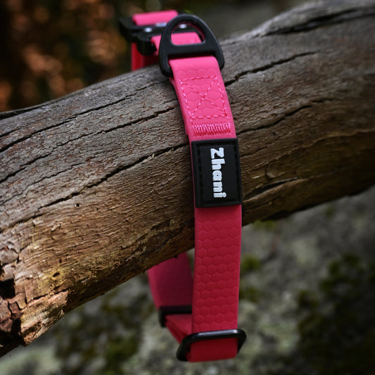 Pink dog collar with 'Zhani' branding on a wooden log.