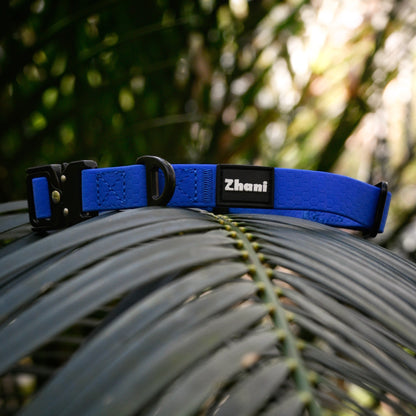 Blue dog collar with 'Zhani' branding on a green leaf background