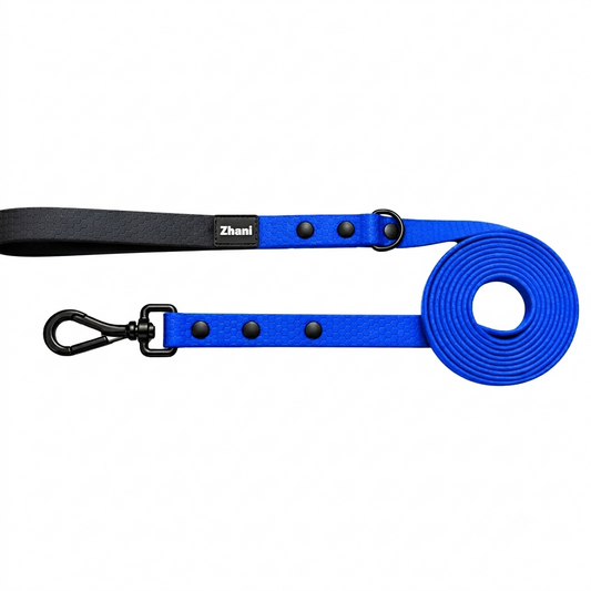 Blue dog leash with black clip and Zhanl branding on a white background