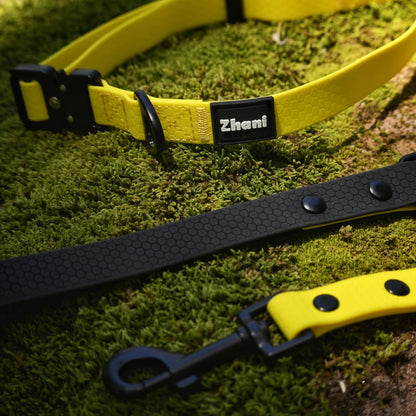 Yellow and black dog leash on a grassy surface with 'Zhani' branding.