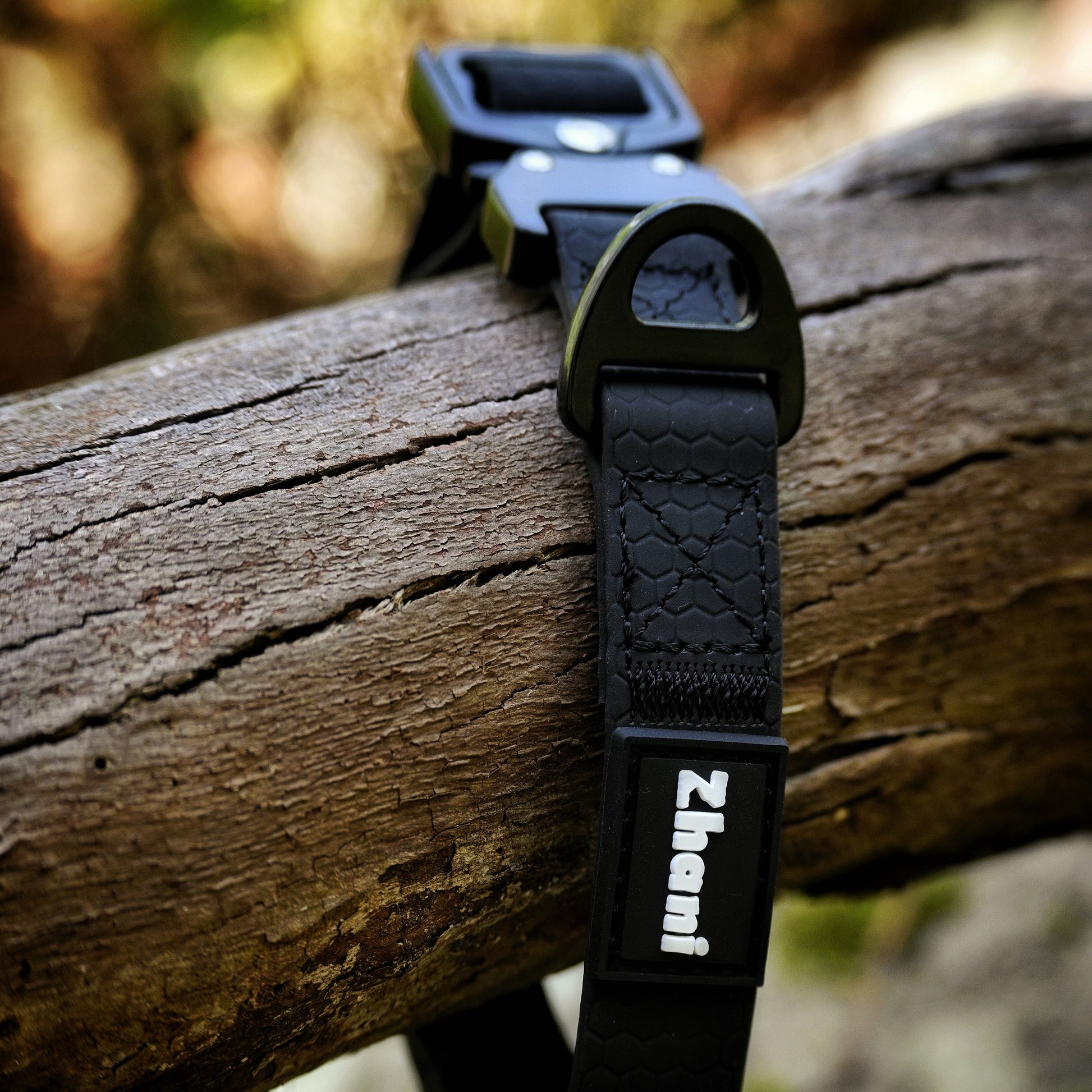 Black dog collar with 'Zhan' branding on a wooden branch