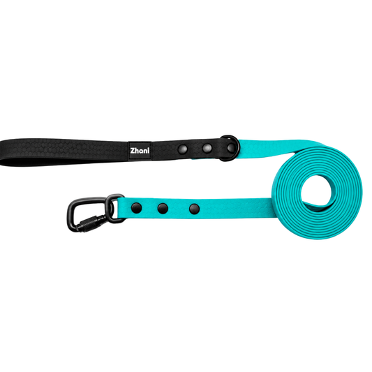 Aqua & Black with locking carabiner - Long Line Dog Lead; Washable; Light; Strong; Comfortable